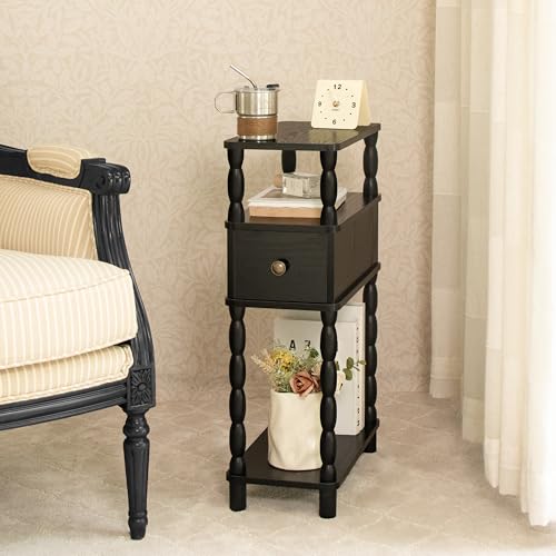 MaxSmeo Black Narrow Side Table, Narrow End Table with Storage, Skinny Small Nightstand with Drawer for Bedroom, Living Room, Small Spaces (Black) - color: Black