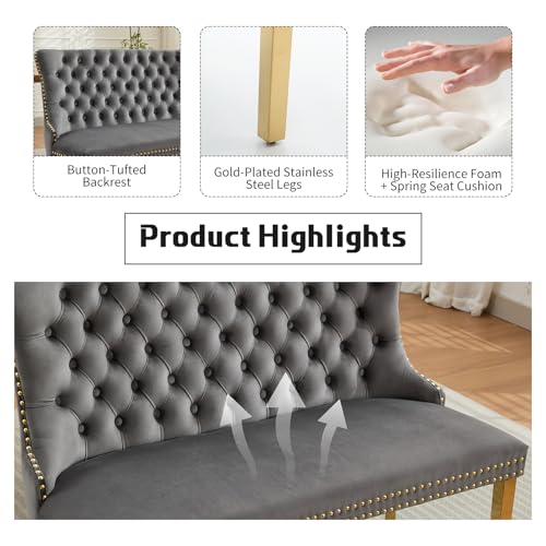 Grey Velvet Dining Bench with Back, Tufted Banquette Seating, Gold Legs | Upholstered loveseat bench; tufted back; nailhead trim; 500 lb capacity; foam and spring seat; dining room or entryway - color: Grey(gold Stainless Steel Legs)