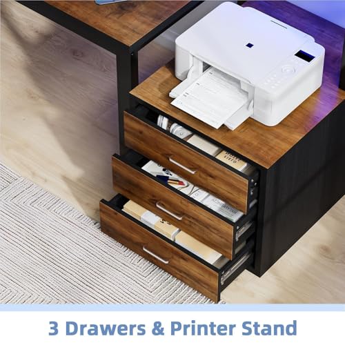 MaverickFurni 67'' Computer Desk with 3 Drawers and LED Lights, Black | Home Office Desk with Printer Shelf and Monitor Stand, Gaming Desk with LED Lights, Black - color: Black and Walnut