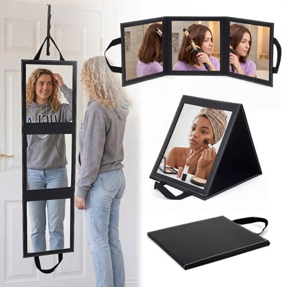 Novabright 3-Panel Over The Door Full Length Mirror, Foldable Hanging Acrylic Body/Makeup Mirror with Height Adjustable Hook for Bedroom Closet Bathroom, Dance Travel Camping (Black)