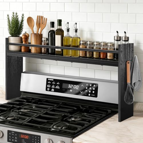 Spice Rack Shelf for Kitchen Stove, Over The Stove Shelf with 4 Hooks, Premium Wood & Metal Commbined Spice Rack Organizer Extra Storage Countertop (Black) - color: Black