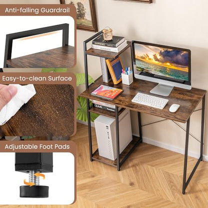 Tangkula Computer Desk with Shelves, Space Saving Home Office Desk with 3-Tier Ladder Shaped Storage Bookshelf, Modern Writing Study Desk with Metal Frame, Compact Computer Workstation (Rustic Brown) - color: Rustic Brown