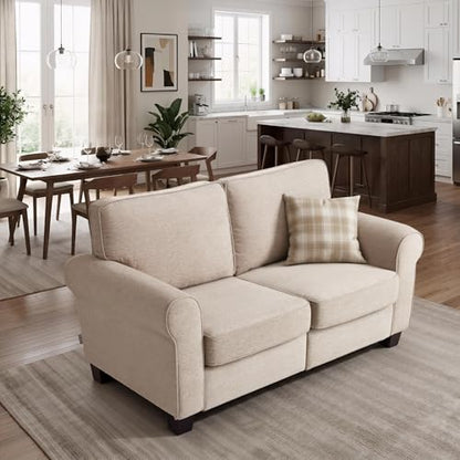MCombo 67.7" Loveseat Sofa, 2-Seater Small Couch for Small Spaces, Classic Rolled Arm Upholstered Sofa with Solid Wood Legs for Living Room, Removable Cover, Chenille Fabric VE730 (Beige) - color: Beige