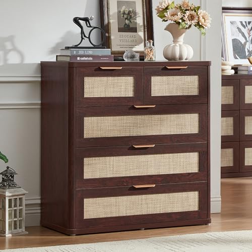 LEYAOYAO Rattan Dresser for Bedroom, 33.5" Tall Chest of Drawers, Modern 5 Drawers Boho Dressers with Storage, Vintage Brown Dresser Wooden Closet Organizer for Living Room, Hallway - color: Retro Walnut, size: 15.5"D x 31.5"W x 33.5"H (5 Drawers)