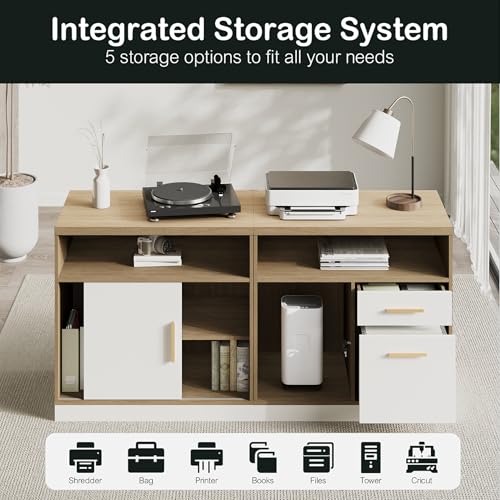 114" Two Person Electric Height Adjustable Standing Desk | Office Furniture Set with Storage, Extra Long Executive Desk Workstation with File Cabinets for Home Office, Light Walnut - color: Light Walnut
