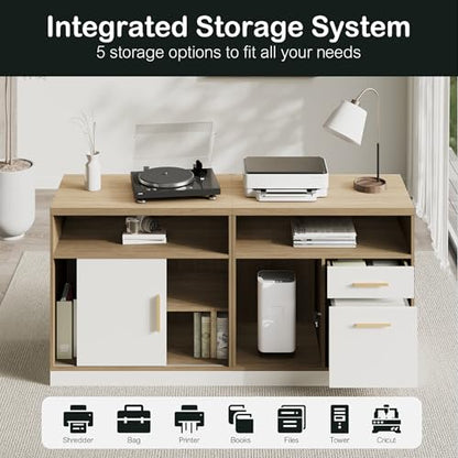 114" Two Person Electric Height Adjustable Standing Desk | Office Furniture Set with Storage, Extra Long Executive Desk Workstation with File Cabinets for Home Office, Light Walnut - color: Light Walnut