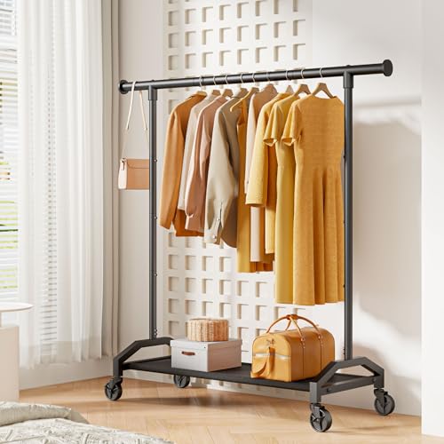 Wiracks Clothes Rack Clothing Racks for Hanging Clothes Heavy Duty Clothes Rack Hanger Rack 200lbs Capacity Industrial Wheels 1" Pipe,Rolling Garment Rack Portable Clothes Rack Black