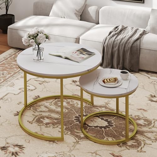 Otterease Nesting Tables Set of 2, Round Coffee Table, Small Nesting Coffee Table with Adjustable Non-Slip Fee, White Marble Top Stack Nesting Tables Set of 2 for Living Room, Bedroom (White) - color: 23.6" Marble White