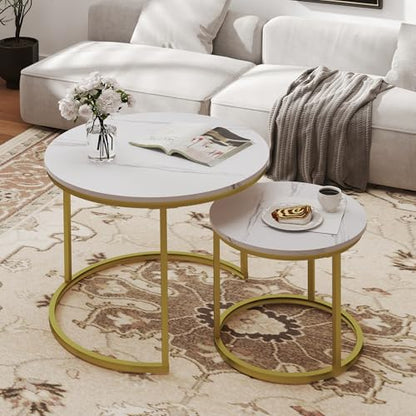 Otterease Nesting Tables Set of 2, Round Coffee Table, Small Nesting Coffee Table with Adjustable Non-Slip Fee, White Marble Top Stack Nesting Tables Set of 2 for Living Room, Bedroom (White) - color: 23.6" Marble White