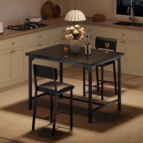 GAOMON Dining Table Set for 2 w/Backrest, Counter Height Table with 2 Upholstered Bar Stools, 3-Piece Kitchen Table Set with Footrest & Corner Protector, for Dining Room, Kitchen, Retro Black