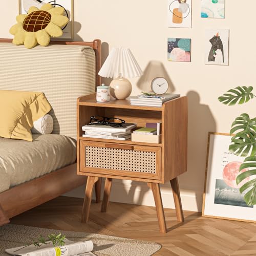 Lerliuo Rattan Nightstand, Side Table with Drawer Open Shelf | Bedside End Table with Solid Wood Legs, Mid Century Modern Night Stand for Bedroom, Dorm and Small Spaces (Tea Brown) - color: Tea Brown, size: 1 pack