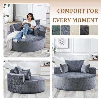 55" Oversized Round Chaise Longue Chair Indoor, Upholstered Chenille Circle Single Cloud Reading Sofa Chair Deep Seat Modern Boneless Sleeper Couch No Assembly Required, Grey - color: Grey, style: 55"Chenille