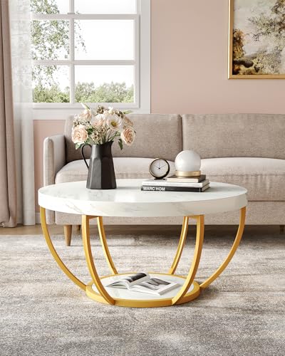 LITTLE TREE Round Coffee Table, 32" Faux Marble Circle Coffee Table | 2-Tier Wood Accent Center Table with Open Storage Industrial Design Home Furniture for Living Room(White and Gold) - color: White and Gold