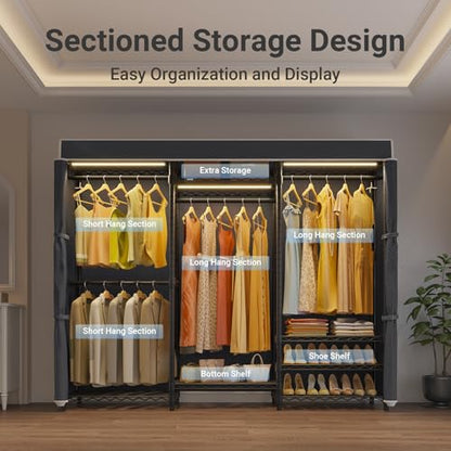 VIPEK V5LC Garment Rack Heavy Duty Covered with Dimmable LED Light 3000K Warm White, Portable Closet Wardrobe Freestanding for Hanging Clothes, Black with Cover - color: Black Rack With Black Cover, style: V5LC