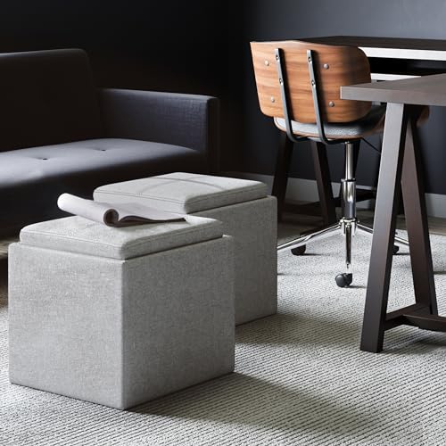 SIMPLIHOME Rockwood 24" Wide Vegan Leather Storage Ottoman in Brown | Cloud grey, contemporary ottoman with flip-over tray top and hidden storage; cube storage bench for living room. - color: Cloud Grey