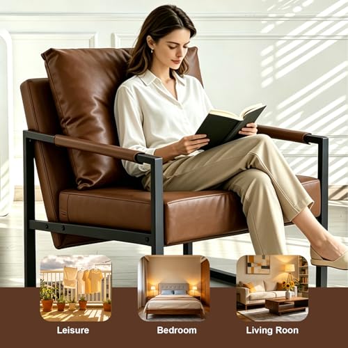 Modern PU Leather Accent Chair, Industrial Waterproof Armchair with Thick High-Density Foam Cushion, Sturdy Metal Frame 300lbs Capacity, Compact Reading Lounge Chair for Living Room Bedroom Office