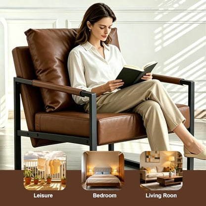 Modern PU Leather Accent Chair, Industrial Waterproof Armchair with Thick High-Density Foam Cushion, Sturdy Metal Frame 300lbs Capacity, Compact Reading Lounge Chair for Living Room Bedroom Office