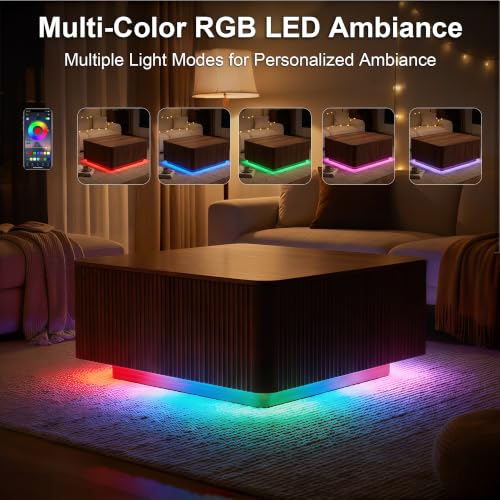 31.5"Walnut Lift Top Coffee Table with Storage for Living Room, LED Lights | Fluted Square Coffee Table,Charging Station, Large Hidden Storage,Mid Century Modern Design, Heavy-Duty Hydraulic Gas Spring