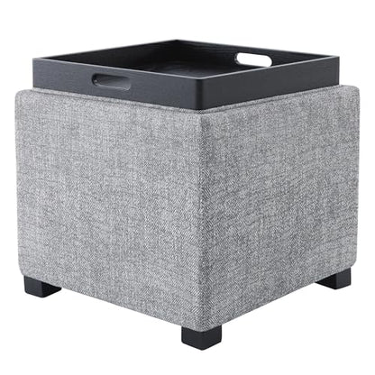 CHITA Storage Ottoman Cube with Tray Lid, Small Footstool with Storage, Square End Table for Living Room and Bedroom, Fabric in Pebble Grey - color: Pebble Grey
