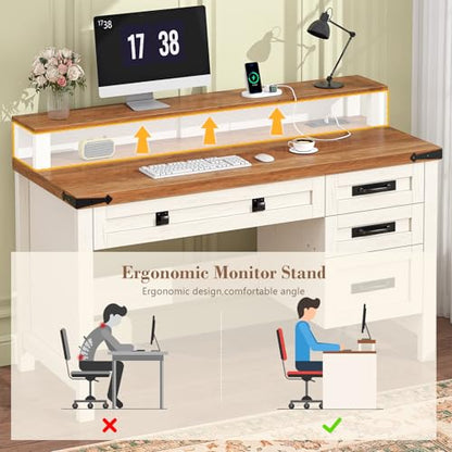 47" Farmhouse Computer Desk with 4 Drawers for Home Office, Bedroom | Executive Desk with Power Outlets, Home Office Desk with Monitor Stand, Small Desk Writing Study Table, Antique White - color: Brown and White