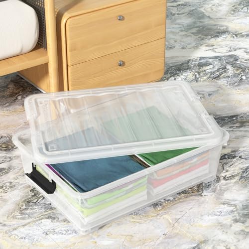 25 Quart Flat Clear Underbed Storage Bins with Wheels, 4-Pack | Stackable Plastic Under Bed Latching Organization Box - size: 25 Quart