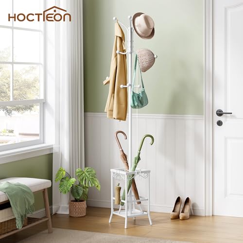 Hoctieon Coat Rack Freestanding, Coat Tree with Umbrella Holder, Metal Coat Rack Stand with 12 Hooks, Standing Coat Hanger Stand, Umbrella Stand for Entryway, Hat Rack Stand for Home Office, White | Metal Coat Rack Stand with 12 Hooks, Standing Coat Hange