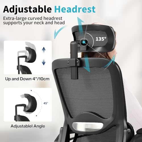 Ergonomic Office Chair,Mesh Office Chair with Lumbar Support,High Back Desk Chair with Flip-up Arms,400 lbs Big and Tall Computer Chair with Headrest,Comfy Desk Chairs - color: Deep Black