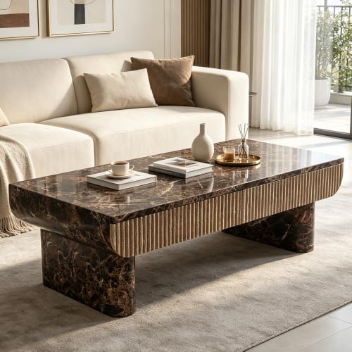 47" Coffee Table with Faux Marble Tabletop with Drawer | Modern Rectangular Center Table for Living Room, Contemporary Tea Table for Apartment,Natural Walnut - color: 47" Coffee Table With Faux Marble Tabletop,walnut