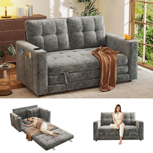 55" Convertible Folding Sofa Bed, Pull Out Couch Love Seat Sleeper Bed, Small Fold Out Loveseat sleeper with Cup Holder and Pillow for Small Space, Bedroom Lounge, Dorm, Living Room(Grey Chenille) - color: Light Grey
