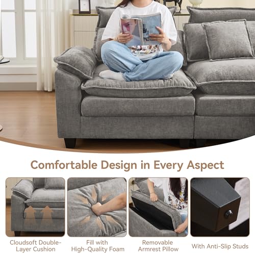 72'' Cloud Modern Loveseat Couch with Detachable Headrest, Modular Sectional Sofa Couch Deep Love Seat, Oversized 2 Seater Chenille Comfy Sofa with Armrests for Living Room, Light Grey - color: Light Grey, size: Loveseat