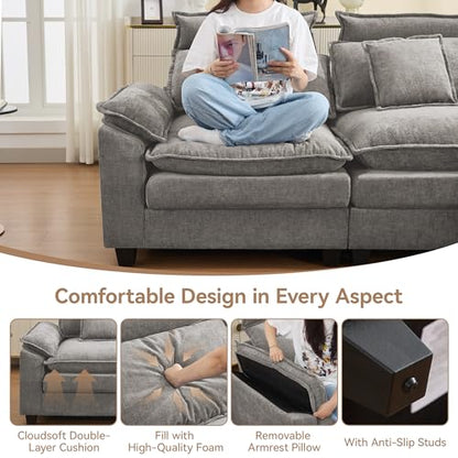 72'' Cloud Modern Loveseat Couch with Detachable Headrest, Modular Sectional Sofa Couch Deep Love Seat, Oversized 2 Seater Chenille Comfy Sofa with Armrests for Living Room, Light Grey - color: Light Grey, size: Loveseat
