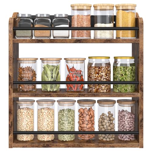 Spice Rack for Countertop, Wooden Spice Rack Wall Mounted | 3 Tier Spice Shelf for Wall, Rustic Hanging Spice Organizer for Kitchen, Vertical Seasoning Storage Rack for Pantry - color: Rustic Brown