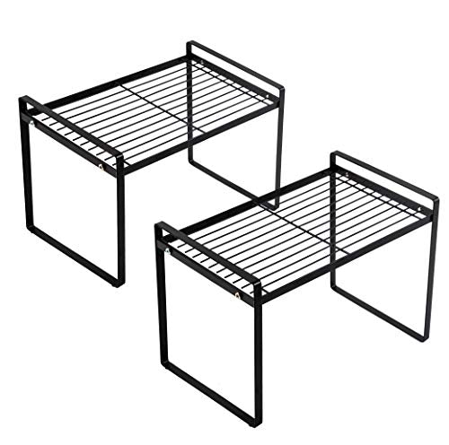 Shantton 2pk Kitchen Cabinet Shelf Counter Organizer Rack Pantry Storage Bathroom Bedroom Office Table Desk Space Saving Steel Frame Stackable Rust Resistant Non Slip Black-Tall-L13in W8.3in H9.5in | 2-Pack Stackable Metal Riser Holds 40LBS with Non-Slip