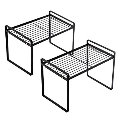 Shantton 2pk Kitchen Cabinet Shelf Counter Organizer Rack Pantry Storage Bathroom Bedroom Office Table Desk Space Saving Steel Frame Stackable Rust Resistant Non Slip Black-Tall-L13in W8.3in H9.5in | 2-Pack Stackable Metal Riser Holds 40LBS with Non-Slip