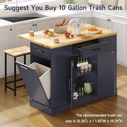 47" Kitchen Island with Seating, Stationary Island Table with Storage Include 2 Chairs, Kitchen Islands with Drop Leaf, Dining Table with Trash Cabinet & Power Outlet & Spice Rack, Blue - color: Blue