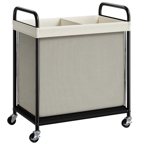 ELYKEN Laundry Hamper 2 Section, 100L Rolling Laundry Sorter with Wheels | Removable Washable Liner Bags, Sturdy Steel Frame and Metal Handle, Double Compartment Clothes Organizer for Laundry Sorting - color: Beige, size: 2-Section
