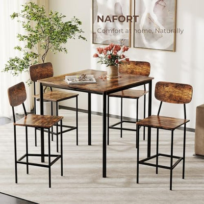 NAFORT Dining Table Set with Counter Height Table & 4 Bar Stools, 5-Piece Bar Table and Chairs with Footrest & Back Support, Space-Saving Dinette Set for Pub, Kitchen &Dining Room, Restaurant - color: Rustic Brown