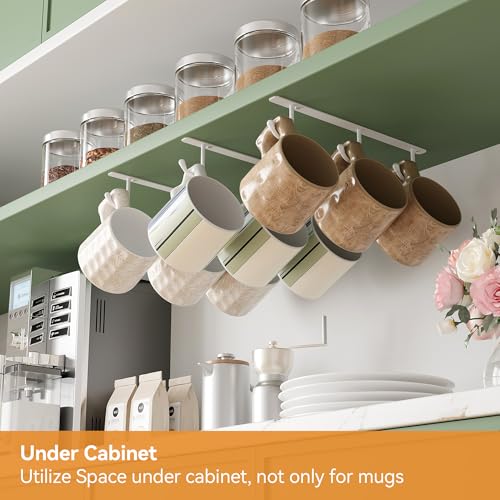 ECROCY Coffee Mug Holder Screw Mounting, 3 Pack Coffee Cup Holder with 9 Hooks, Sturdy Mug Hooks Under Cabinet with Wide Hook Spacing - color: White