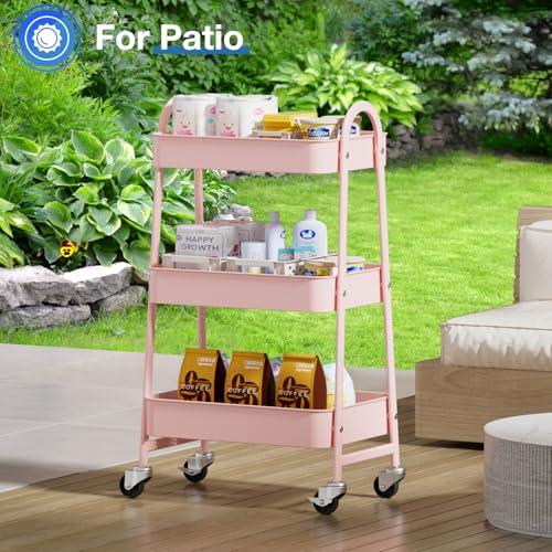 OLIXIS Metal 3 Tiers Rolling Storage Utility Cart with Lockable Wheels | Mobile Organizer Shelf, Space-Saving, Freestanding, Bathroom, Living Room, Slim, Narrow Corner Spaces, Pink - color: 3-tiered Pink, size: 3-Tiered 17 inches