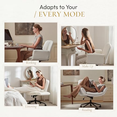 Dowinx Criss Cross Chair with Five-Level Adjustable Arms and Wheels - Comfortable Ergonomic PU Leather Swivel Vanity Chair - Computer Makeup Gaming Chair for Home Office, Bedroom, Vanity Room (Beide) - color: Cream White