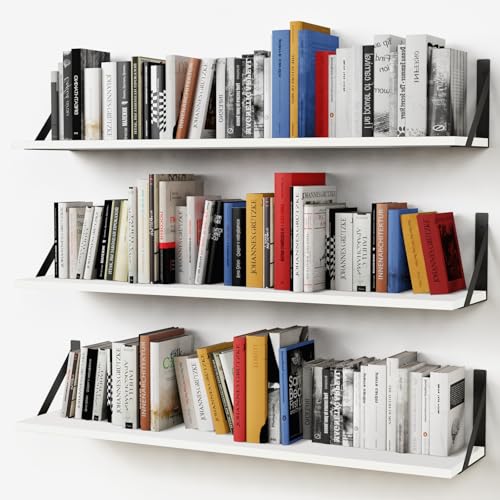 Forbena White Floating Book Shelves for Wall, 36 Inches Long Wall Shelves with Metal Brackets for Bedroom, Large Floating Bookshelf Bookshelves for Living Room Office Classroom (White Wood) - color: White, size: 36“ x 8” Wall Shelf
