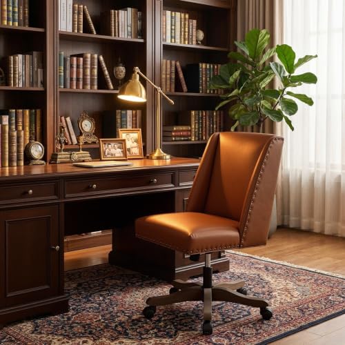Upholstered Armless Office Chair Faux Leather Swivel Home Desk Office Chair | Modern Comfy Boho Office Chair with Wheels Adjustable Desk Chair no Arms for Sewing Women Farmhouse Study Studio PU Brown - color: Pu Brown