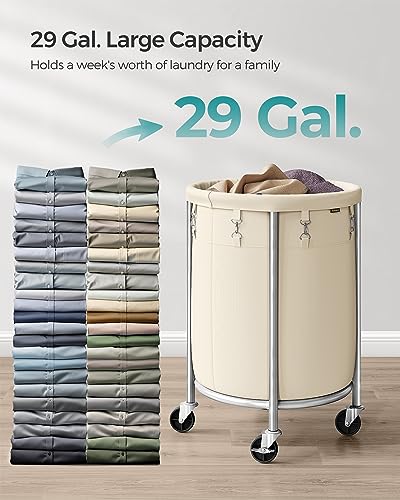 SONGMICS Laundry Basket, Rolling Steel Frame with 2 Locking Wheels, 110 L | Heavy-Duty Laundry Hamper Cart with Removable Bag, Cream White and Metallic Silver, URLS002W01 - color: Cream White + Metallic Silver, size: 110 L (1-Section)