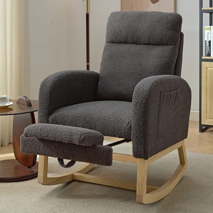 NIOIIKIT Modern Nursery Rocking Chair, Teddy Upholstered Rocking Chair with Footrest, Comfortable Rocker Chair with Side Pocket, Rocker Chair for Living Room, Bedroom, Nursing Room (Grey) - color: Grey