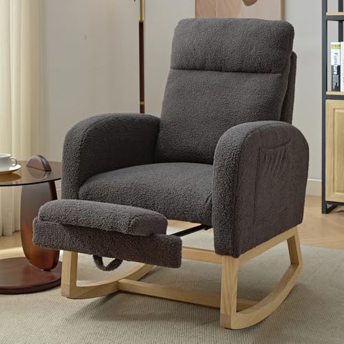 NIOIIKIT Modern Nursery Rocking Chair, Teddy Upholstered Rocking Chair with Footrest, Comfortable Rocker Chair with Side Pocket, Rocker Chair for Living Room, Bedroom, Nursing Room (Grey) - color: Grey
