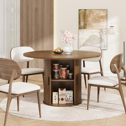 IDEALHOUSE 47 Inch Round Dining Table for 4, Walnut | With 2-Tier Shelf and Wood Slide Door, Pedestal Dinner Table Space Saving, T-Shape Base, Dining Room, Classic Walnut Finish - color: Walnut