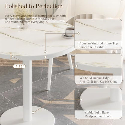 31.5'' Tulip Table, Round Dining Table with Sintered Stone Tabletop | White Aluminum Alloy Edge & Pedestal, Small Bistro Table for Dining Room/Café/Small Spaces/Restaurant (Calacatta Gold) - color: Calacatta Gold (White Edge), size: Round