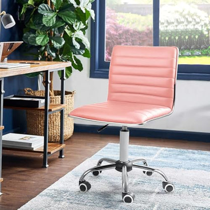 JUMMICO Armless Vanity Office Chair with Wheels, Small Cute Makeup Desk Chair Ribbed Leather Swivel Computer Task Chair (Pink) - color: Pink