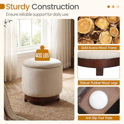 GIANTEX Round Ottoman with Storage, 360° Swivel Velvet Vanity Stool with Removable Lid, Wood Frame & Legs, Ottoman Foot Rest for Living Room, Bedroom, Makeup Room No Assembly (White & Walnut) - color: White & Walnut