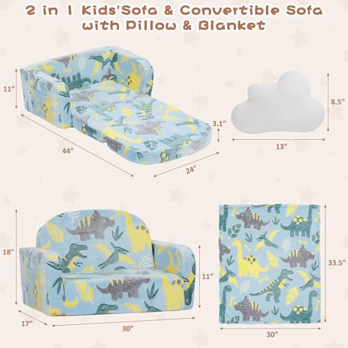 Extra Wide Kids Couch, 2-in-1 Soft Toddler Couch with Blanket, Glow in The Dark, Comfy Toddler Chair with Cloud Pillow, Convertible Sofa, Dinosaur - color: Dinosaur
